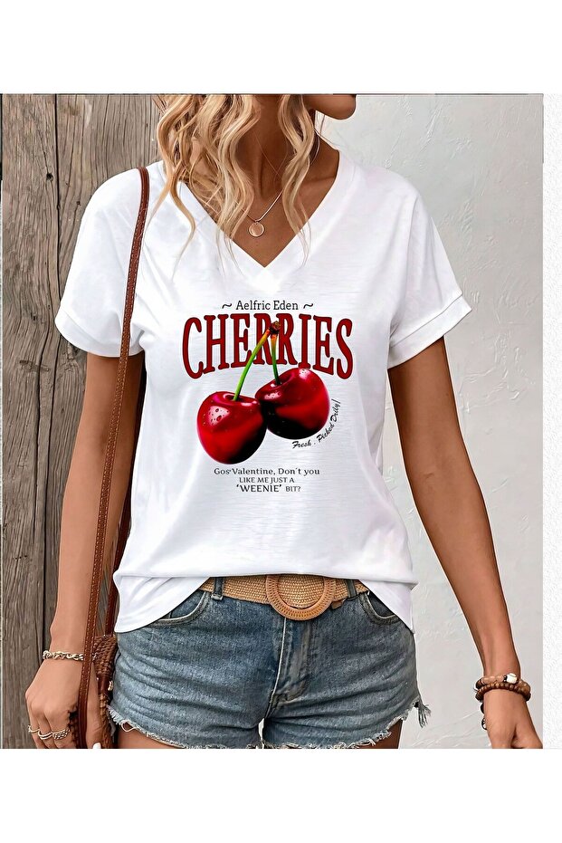 Women's V-Neck White T-Shirt Printed Oversize Loose Fit