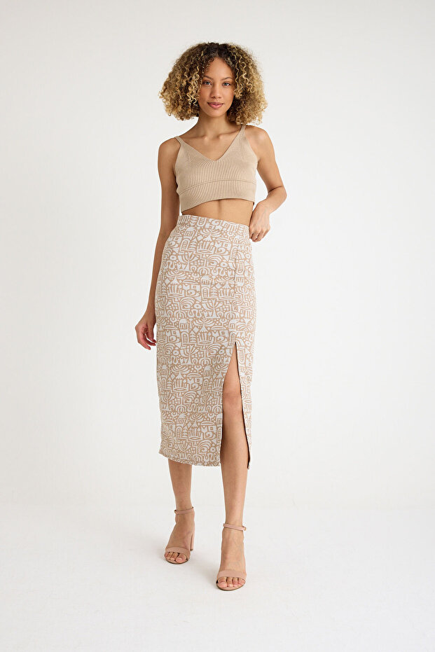 Beige Organic Linen Special Design Trendy Slit Woven Skirt
