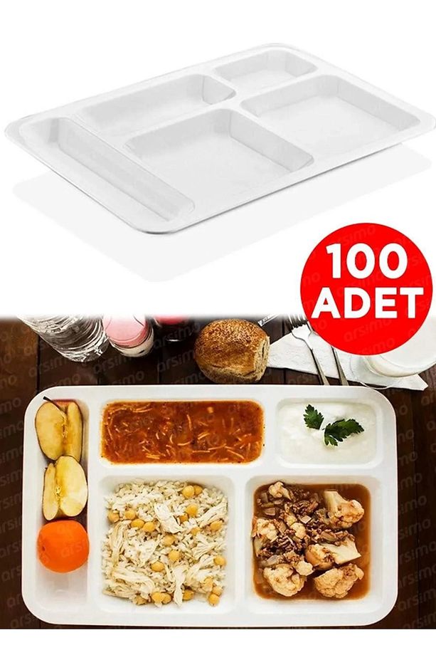 100 Adet Polikarbon Kırılmaz Tabldot Bölmeli Yemekhane Servis Tabağı - 1