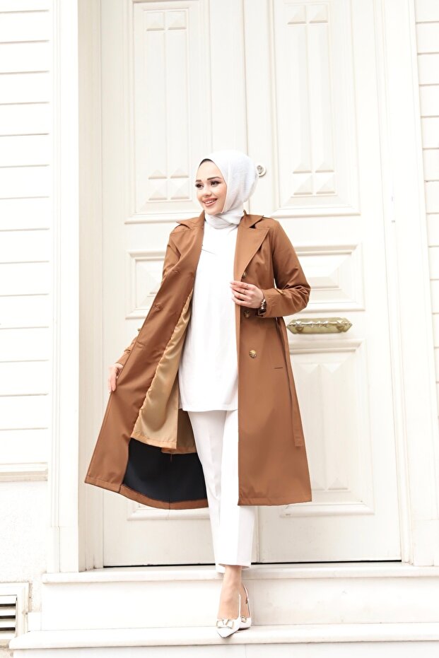 Seasonal a Line Quality Double Breasted Collar Lined Women's Hijab Trench Coat Camel