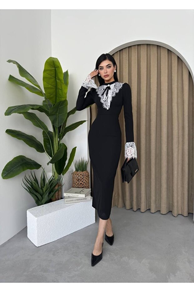 Sukienka premium z kołnierzykiem w kształcie wstążki, dopasowanym krojem, koronkowymi detalami, długim rękawem i długością midi - 4