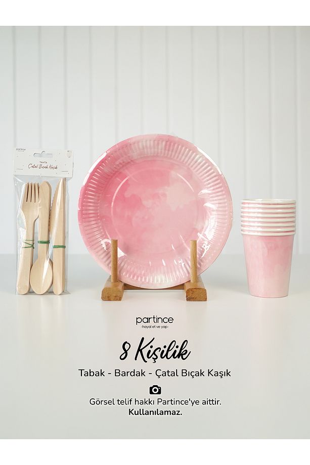8 Kişilik Makaron Pembe Kullan At Karton Tabak-bardak-çatal Kaşık Bıçak-bride Parti Cinsiyet Partisi - 1