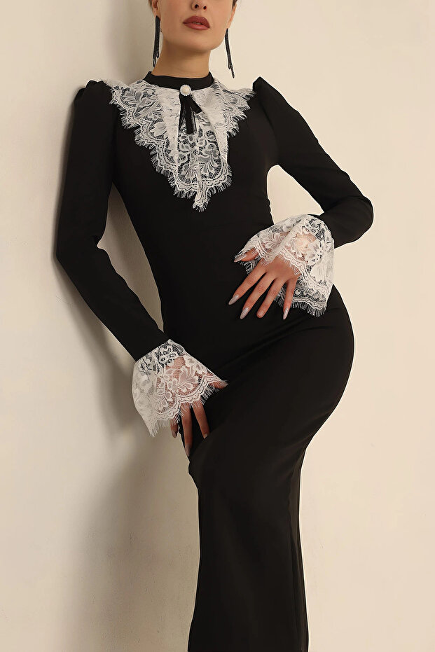 Sukienka premium z kołnierzykiem w kształcie wstążki, dopasowanym krojem, koronkowymi detalami, długim rękawem i długością midi - 5