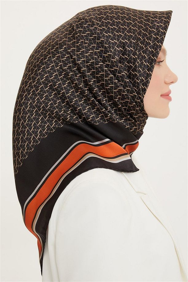 İpek Eşarp Nostalji - 8724-36 Siyah Turuncu Twill - 4