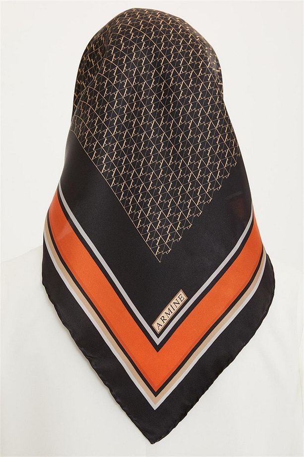 İpek Eşarp Nostalji - 8724-36 Siyah Turuncu Twill - 3