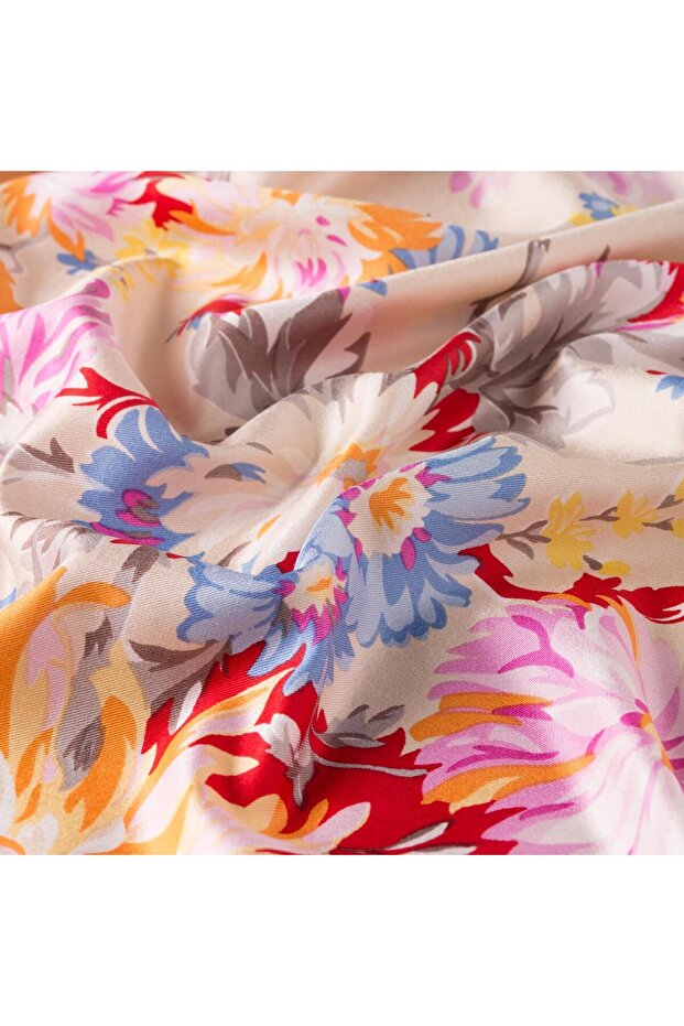 شال حرير منقوش - نمط الأقحوان - كريمي - 3