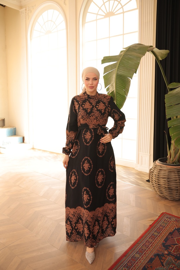 Women's Hijab Authentic Patterned Belted Viscose Dress