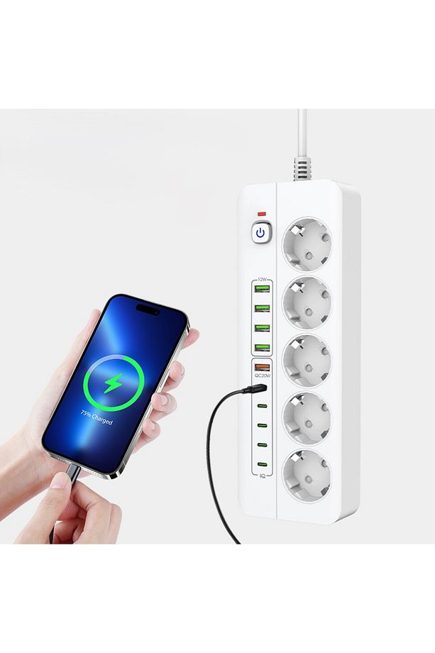 Isıya Dayanıklı Power Tuşlu 5'li Grup Priz 5xusb 5x Type-c Çıkışlı Priz 2 Mt Kablolu - 2
