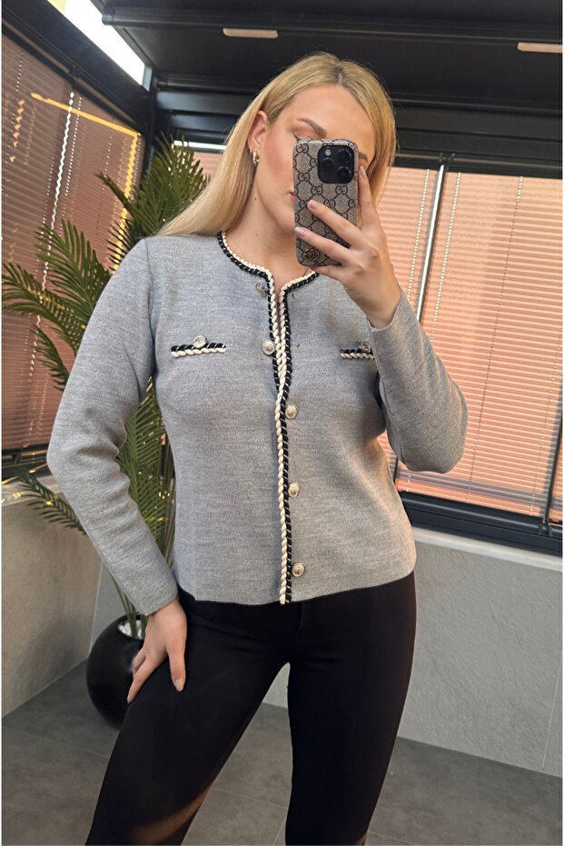 كارديجان رمادي بأزرار معالجة خاصة مع شريط ملتوي - 5