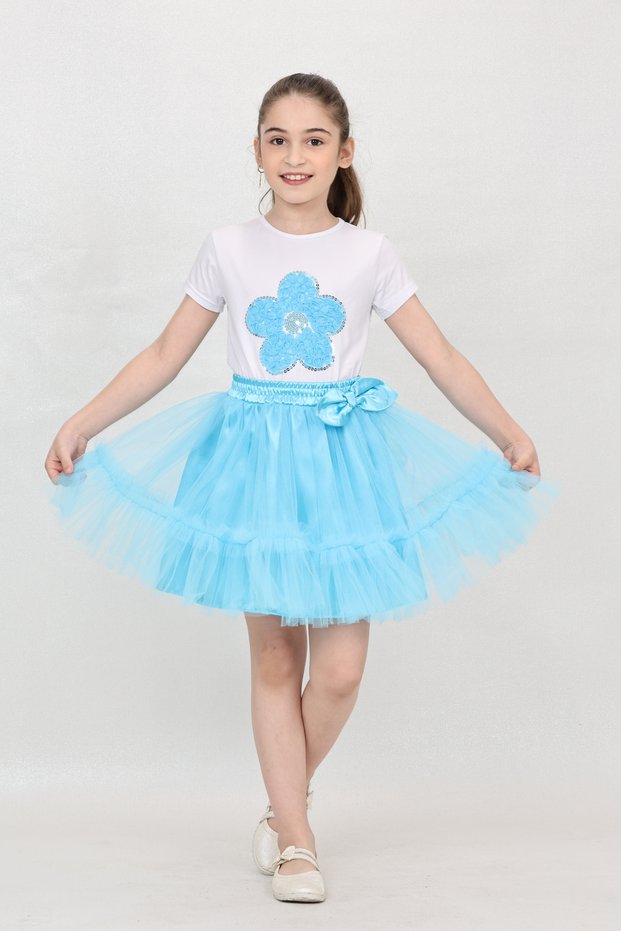 Girl's Floral Print T-Shirt Ruffle Detailed Blue Tutu Skirt Suit April 23, October 29 Show Outfit