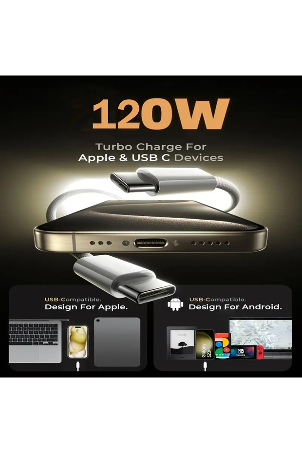 Dijital Göstergeli 120w Süper Hızlı Örgülü Type C To Type C Şarj Kablosu 1.2 Metre - 2