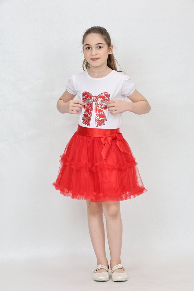 Girl's Bow Print T-Shirt Ruffle Detail Red Skirt Suit April 23Th October 29Th Show Outfit
