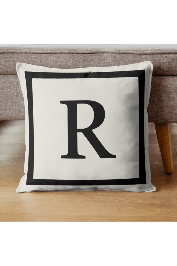 Letter Cushion Cover - Letter R - Gift Decorative Cushion Cover 43 X 43 cm Cream-Black