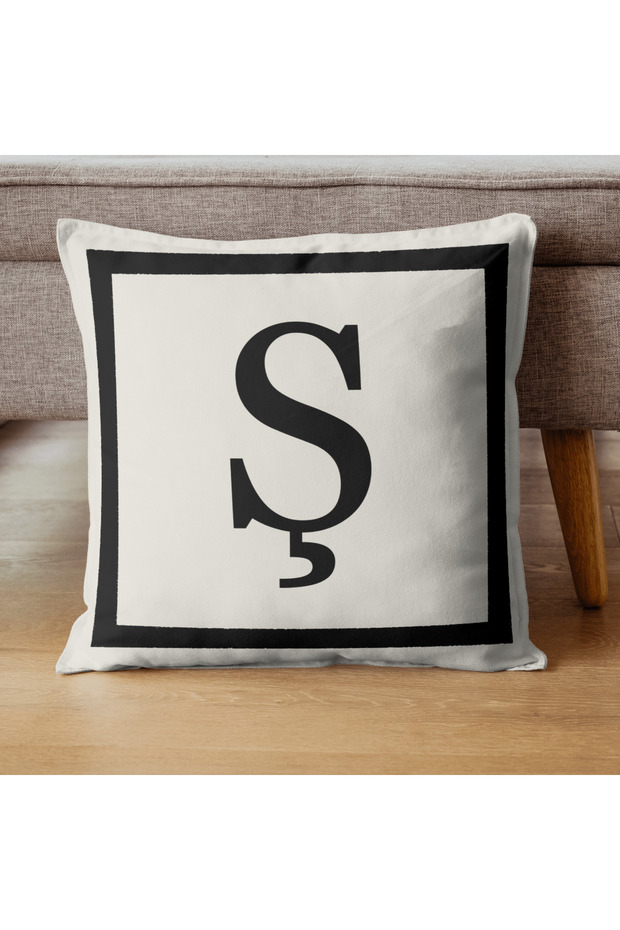Lettered Throw Pillow Cover - Letter Sh - Gift Decorative Throw Pillow Pillow Cover 43 X 43 cm Cream-Black