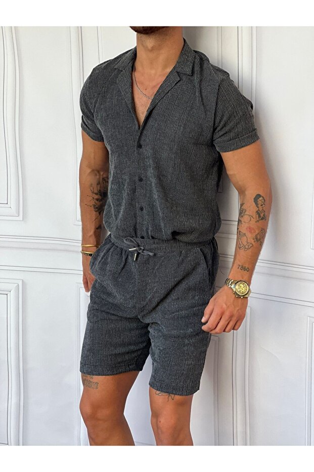 Crinkle Fabric Cotton Shirt + Shorts Set