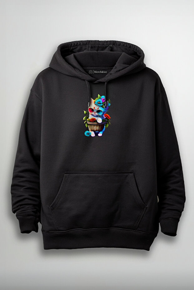 Unisex Sweatshirt with Fancy Cat Print in Colorful Glasses Basket