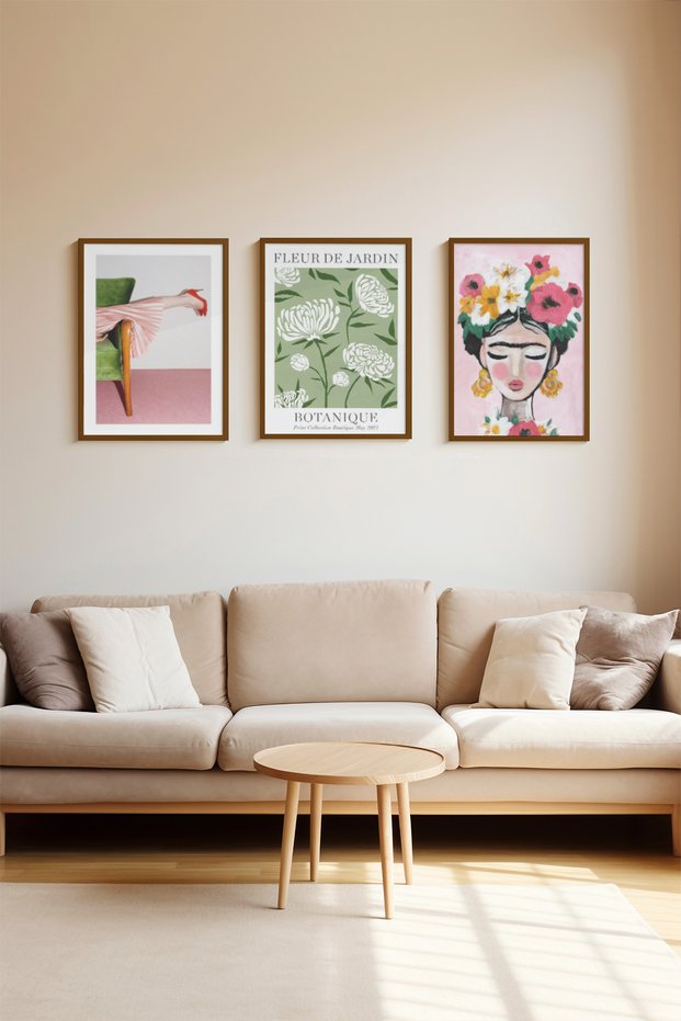 3 Piece Brown Real Wood Framed Painting Set - Model 7