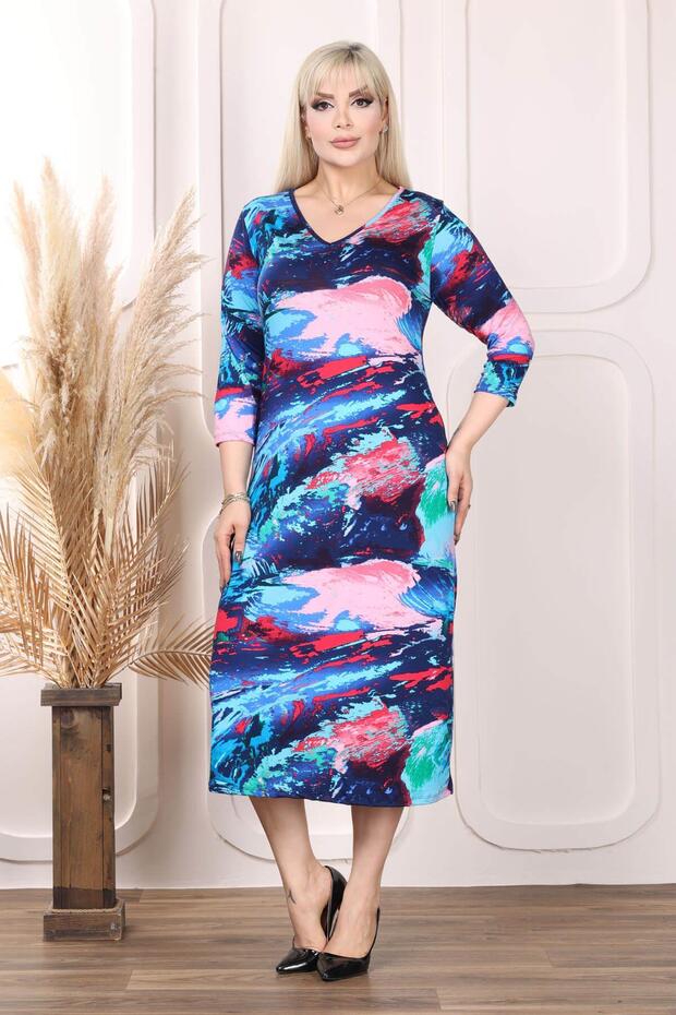 Women's V-Neck Blue Pink Nebula Pattern Plus Size Flexible Dress