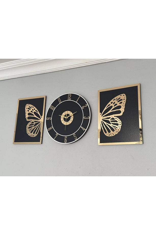 Ahşap Model 2 Li Kelebek Tablo Ve Saat Seti 40 cm - 1