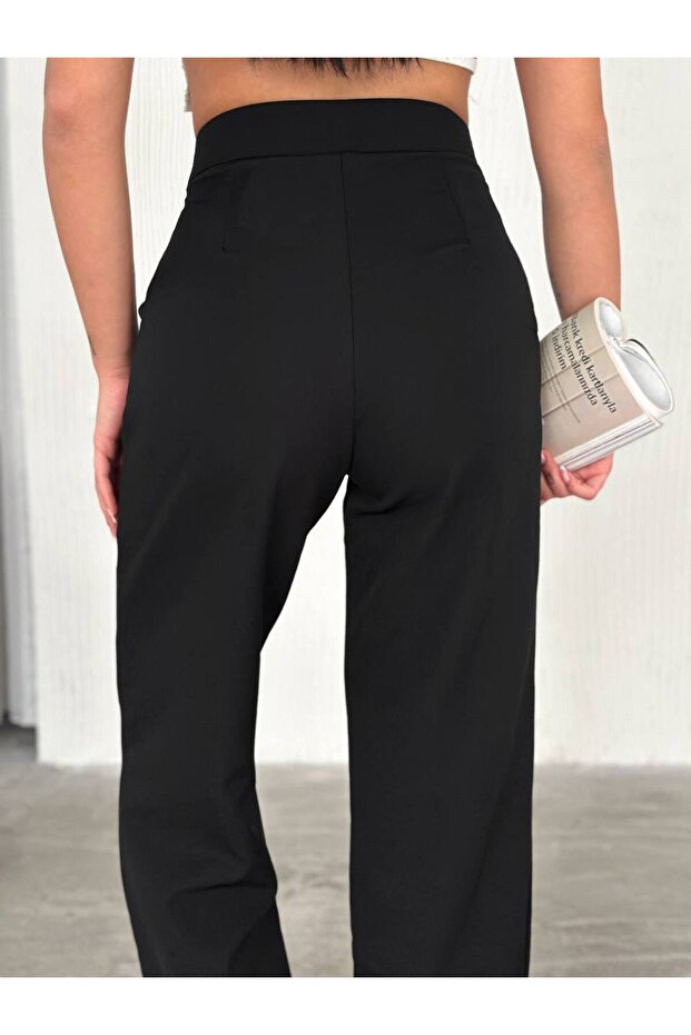 Single Button Wide Leg Basic Trousers - 3