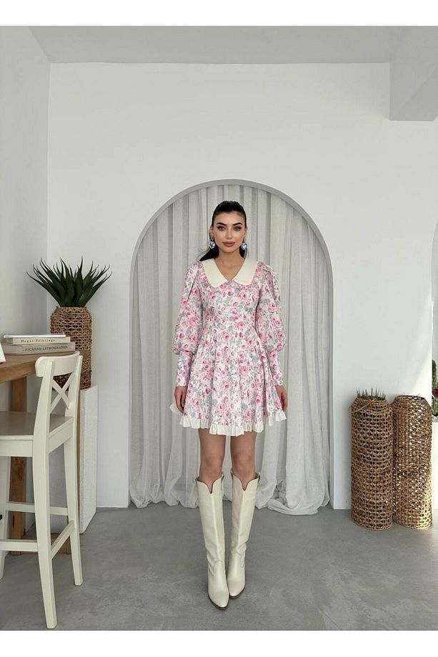 Bebe Yaka Mini Çiçekli Cadis Elbise - 1