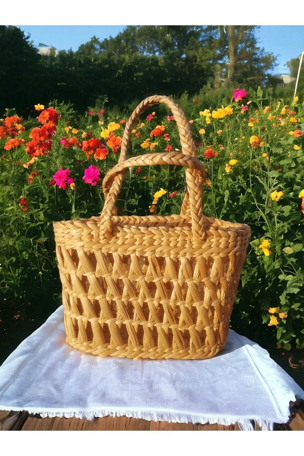 Hasır çok amaçlı çanta, plaj cantasi üst 24cm yükseklik 18cm en 15 cm - 2