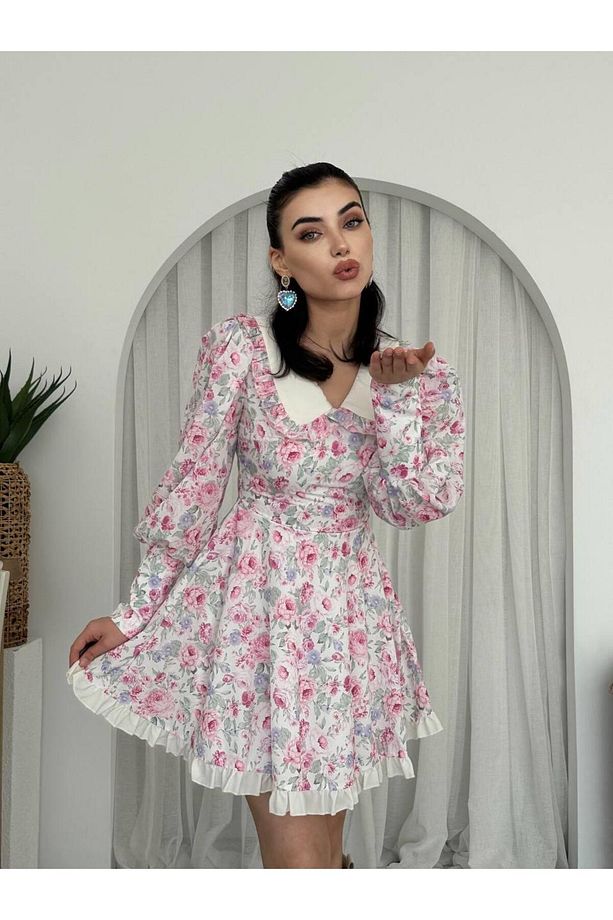 Bebe Yaka Mini Çiçekli Cadis Elbise - 8