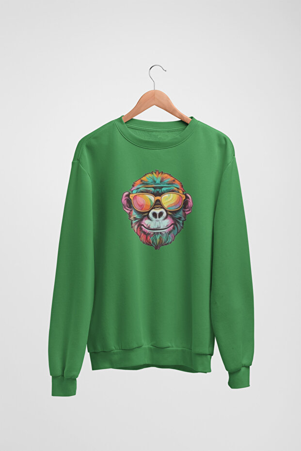 Unisex Long Sleeve Colorful, Gogged Gorilla Transfer Printed Crew Neck Sweatshirt