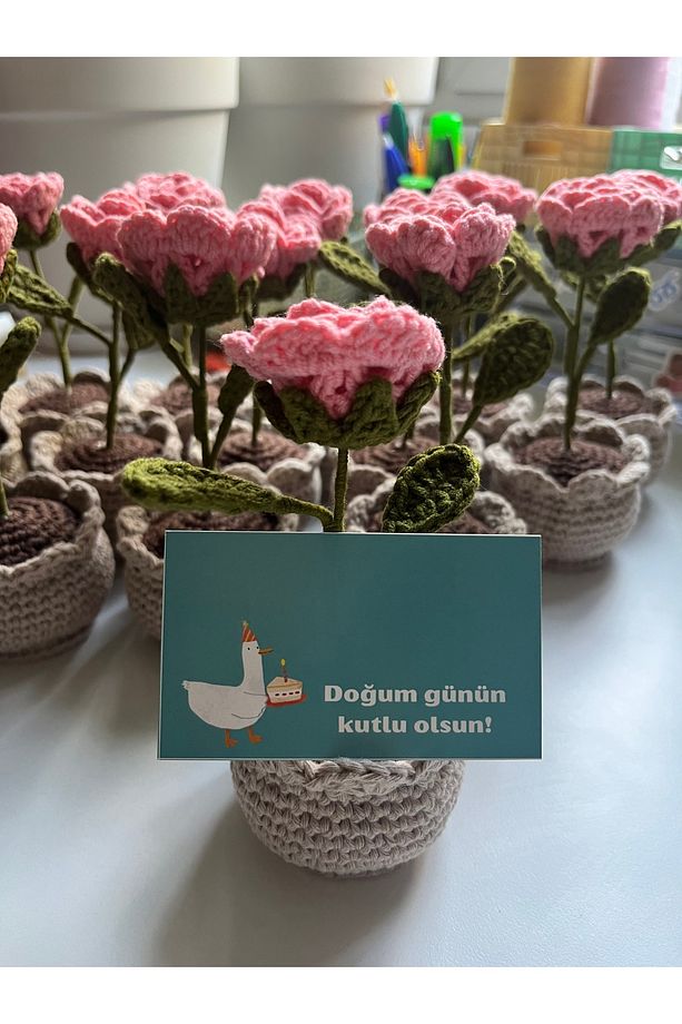 El Yapımı Örgü Saksıda Pembe Gül,Örgü Solmayan Çiçek,Doğum Günü Hediyesi,Masaüstü Hediyelik Çiçek - 3