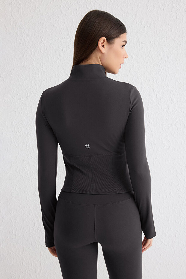 Antrasit Fırçalı Soft Kumaş Baş Parmak Delikli Örme Spor Ceket/Sweatshirt THMAW25SK00001 - 5