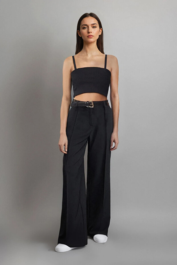 Siyah Pilili Wide Leg/Geniş Paça Dokuma Pantolon TWOAW25PL00109 Palazzo - 4