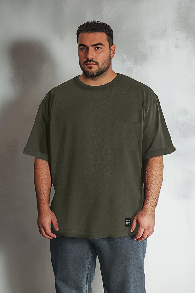 Haki Oversize/Geniş Kesim Bisiklet Yaka Basic Büyük Beden T-Shirt TMNSS25BF00000 - 1