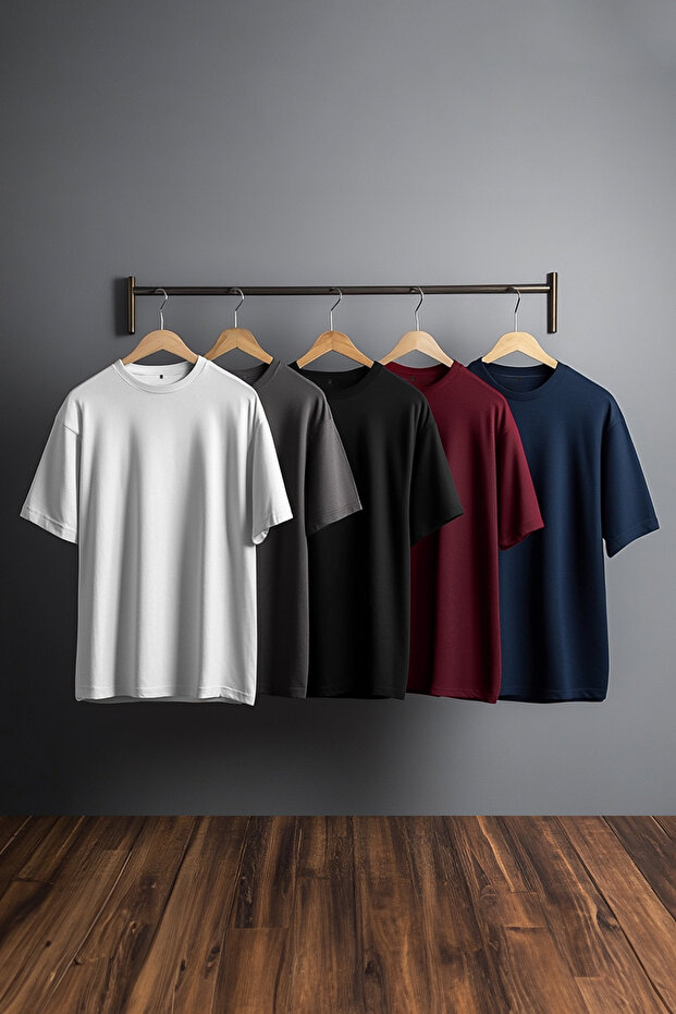 Büyük Beden Siyah-Beyaz-Antrasit-Bordo -Lacivert 5'li Paket Slim %100 Pamuklu T-Shirt TMNSS25BF00011 - 1