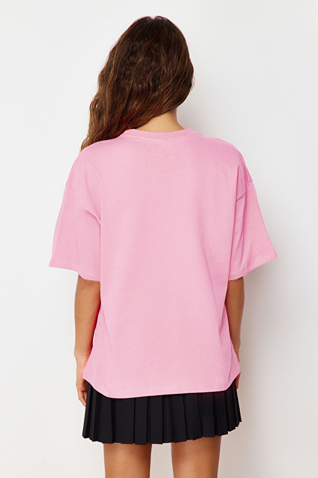 Açık Pembe %100 Kalın Pamuklu Oversize/Geniş Kalıp Örme T-Shirt TWOSS23TS00040 - 7