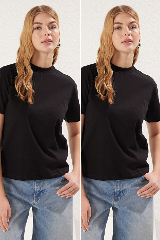Siyah-Siyah 2'li Paket %100 Pamuk Basic Dik Yaka Örme T-Shirt TWOSS20TS1500 - 1