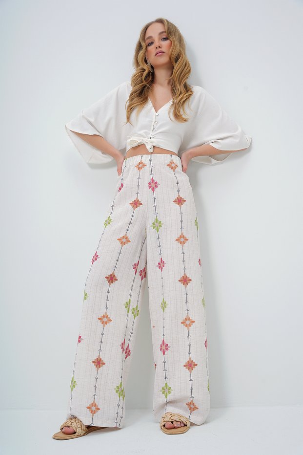 Women's Brown Floral Print Linen Trousers with Elastic Waist Alc-X13632