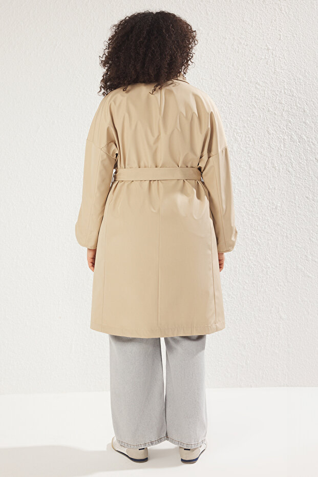 Bej Uzun Oversize Büyük Beden Trençkot TBBSS25BM00001 - 5
