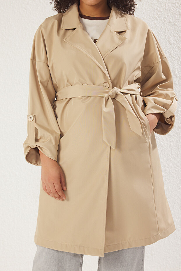 Bej Uzun Oversize Büyük Beden Trençkot TBBSS25BM00001 - 3