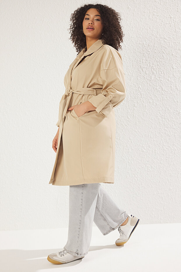 Bej Uzun Oversize Büyük Beden Trençkot TBBSS25BM00001 - 2