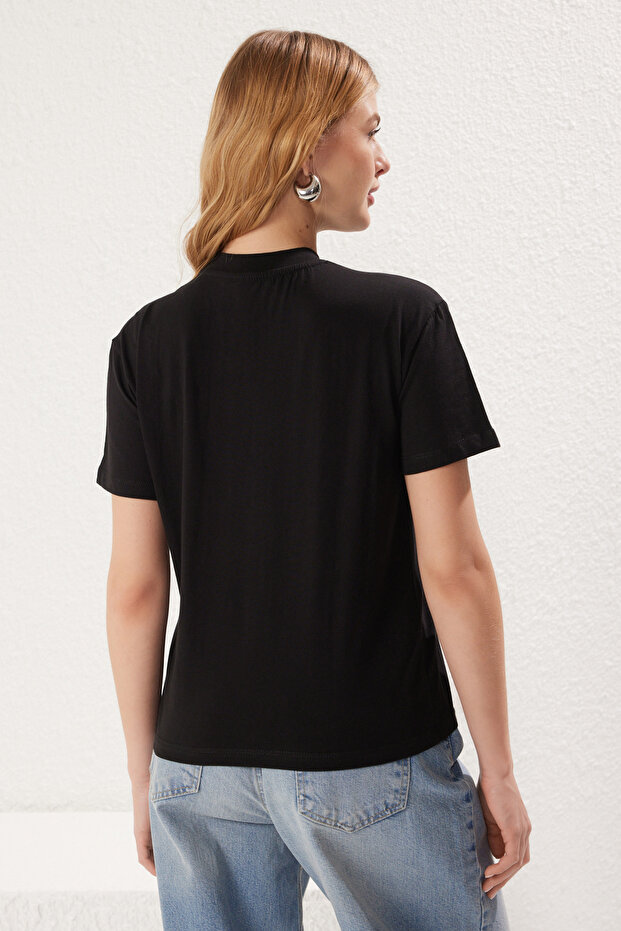 Siyah-Siyah 2'li Paket %100 Pamuk Basic Dik Yaka Örme T-Shirt TWOSS20TS1500 - 5