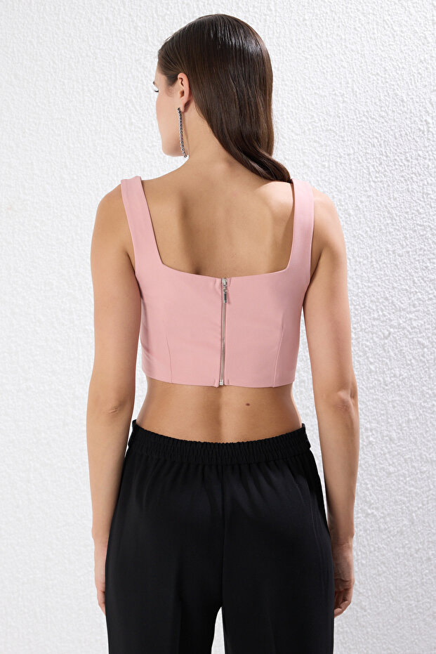 Pudra Korse Detaylı Çiçek Aksesuarlı Dokuma Büstiyer TPRSS24BS00022 - 5
