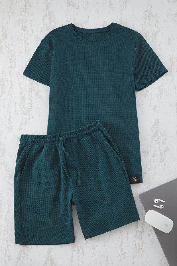 Petrol Regular Fit Waffle Örme Şortlu Kalın Pijama Takımı TMNSS23PT00036 - 5