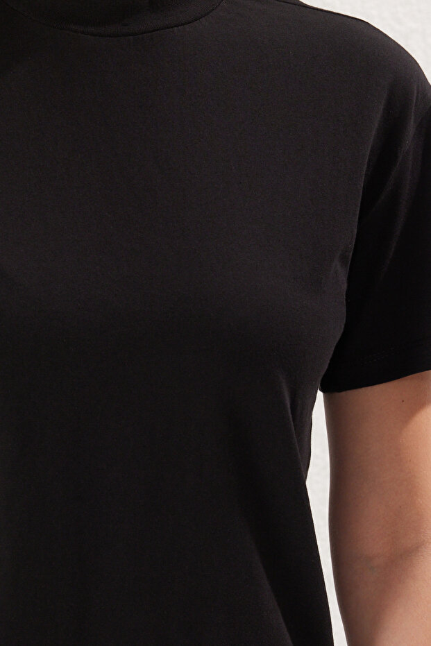 Siyah-Siyah 2'li Paket %100 Pamuk Basic Dik Yaka Örme T-Shirt TWOSS20TS1500 - 6