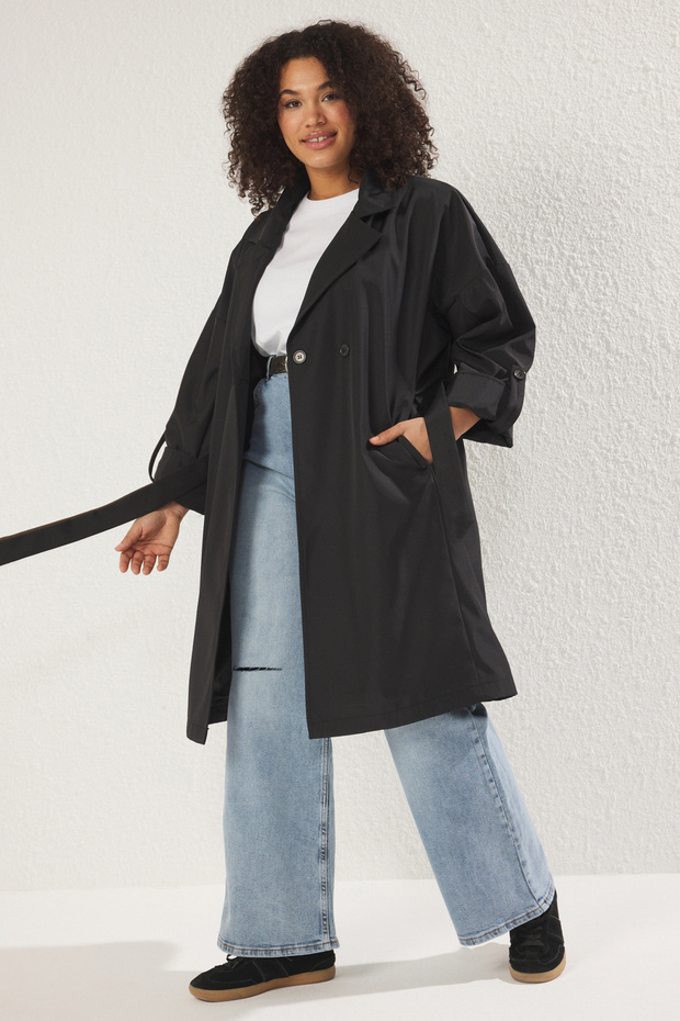 Siyah Uzun Oversize Büyük Beden Trençkot TBBSS25BM00001 - 1