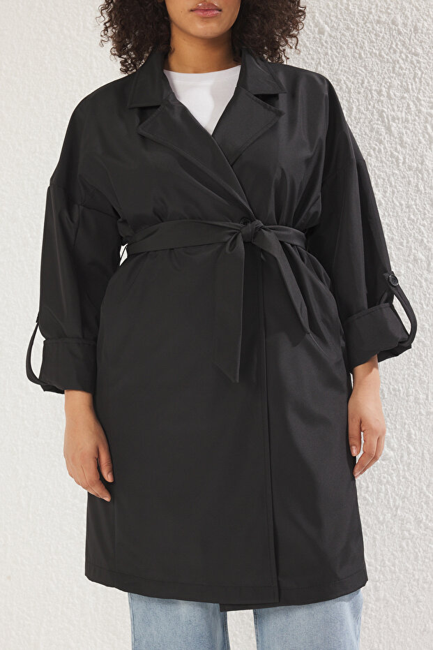 Siyah Uzun Oversize Büyük Beden Trençkot TBBSS25BM00001 - 3