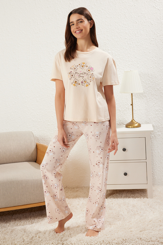 Açık Pudra Pamuklu Ayıcıklı Kalpli Örme Pijama Takımı THMSS25PT00206 - 1
