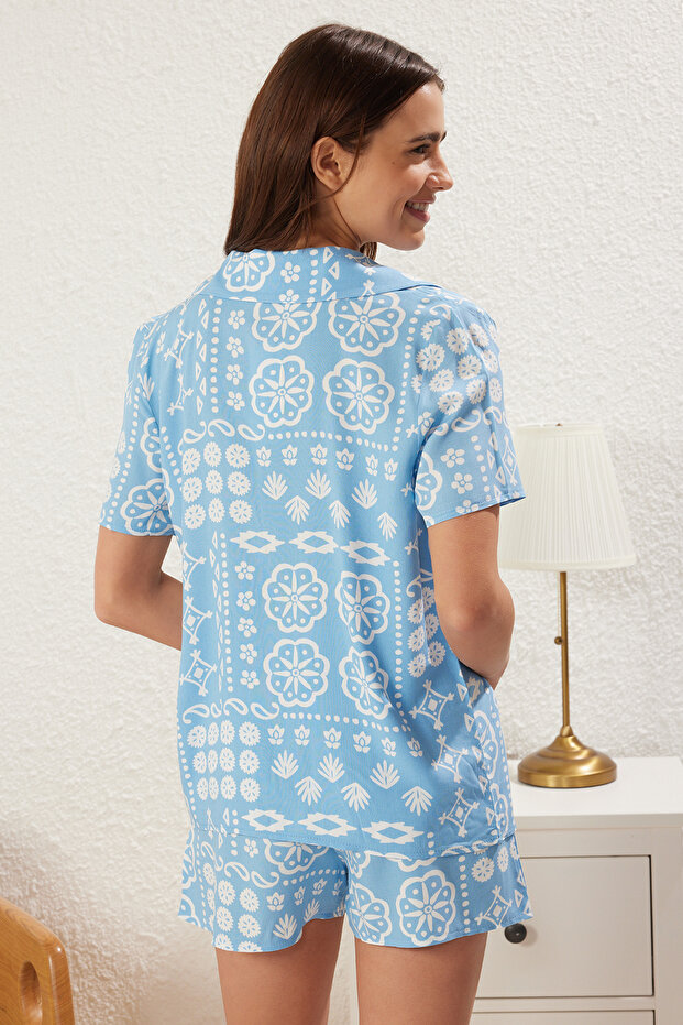 Mavi Etnik/Bohem Desenli Viskon Şortlu Dokuma Pijama Takımı THMSS25PT00267 - 5