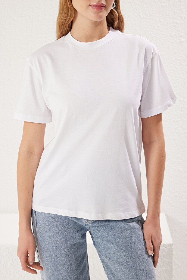 Beyaz-Beyaz 2'li Paket %100 Pamuk Basic Dik Yaka Örme T-Shirt TWOSS20TS1500 - 4