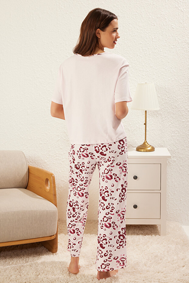 Pudra %100 Pamuklu Leopar Desenli Örme Pijama Takımı THMSS25PT00181 - 5