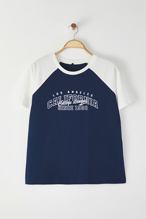 Mavi Renk Bloklu Baskılı %100 Pamuk Örme Büyük Beden T-shirt TBBSS23BF00014 - 6